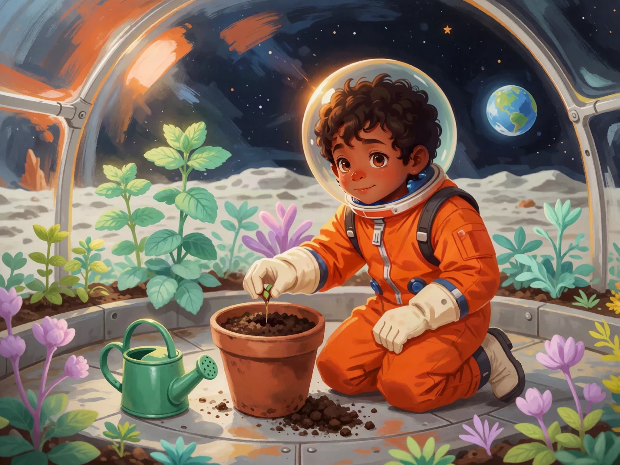 Leo plants his seed in a pot inside a domed lunar greenhouse.