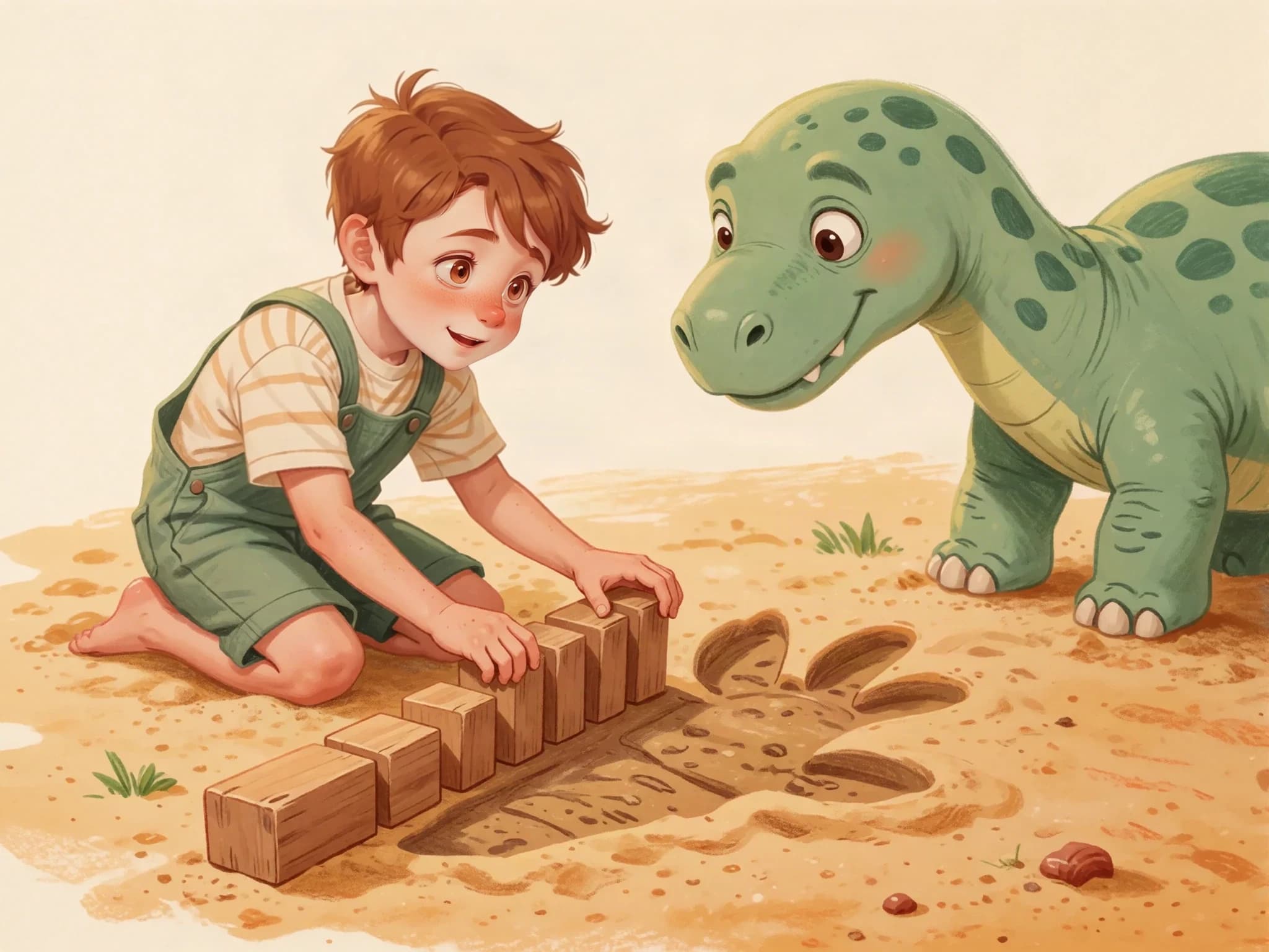 Theo places equal-sized wooden blocks end to end beside a dinosaur footprint.