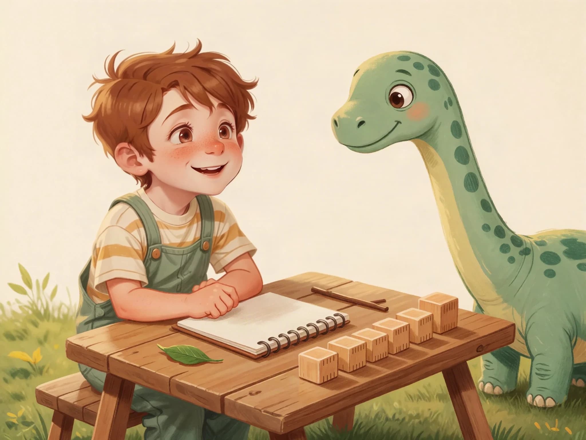 Theo and the dinosaur explore measuring a leaf and stick with wooden blocks.
