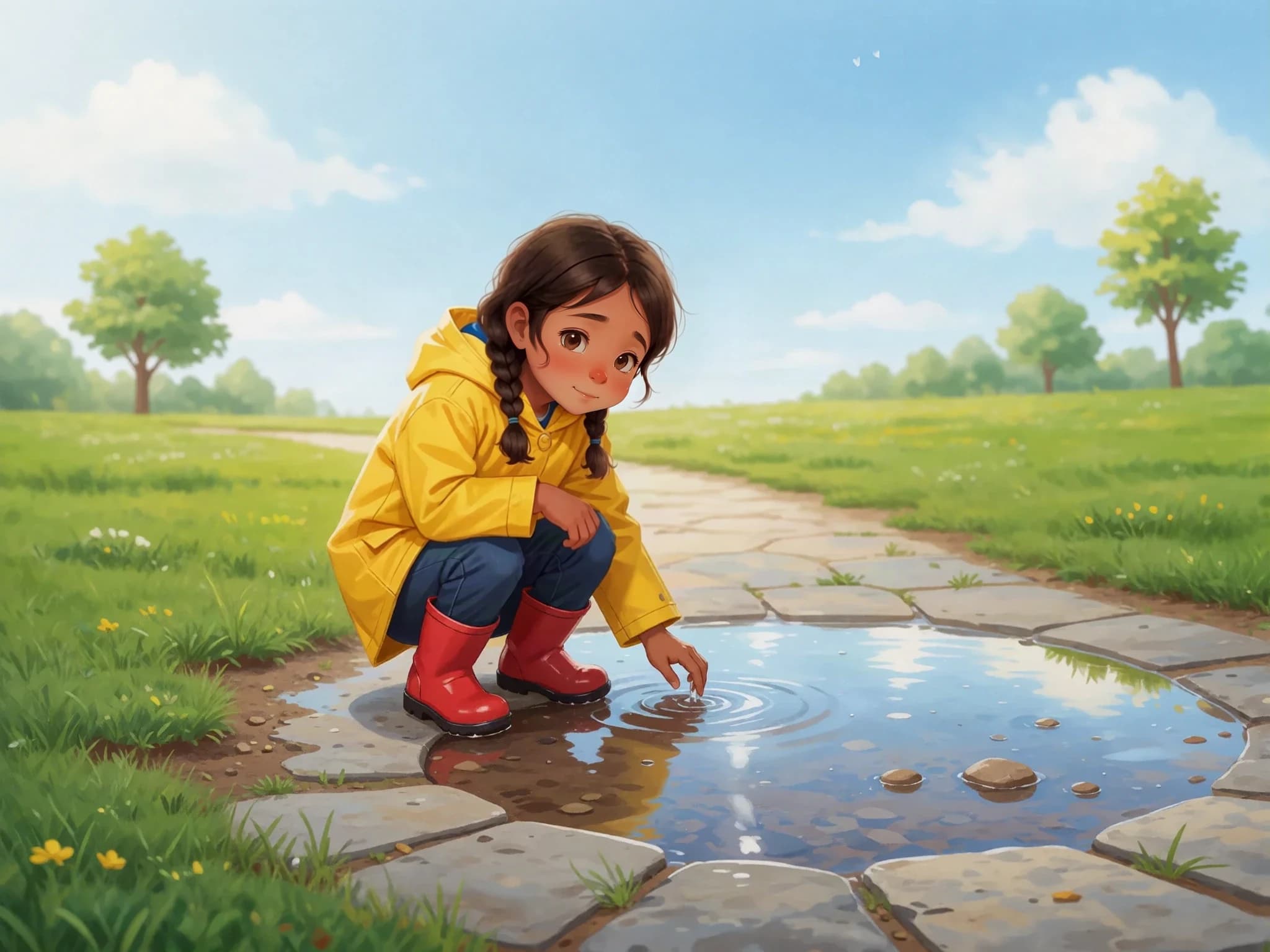 Amira observes a puddle shrinking in a sunny park.