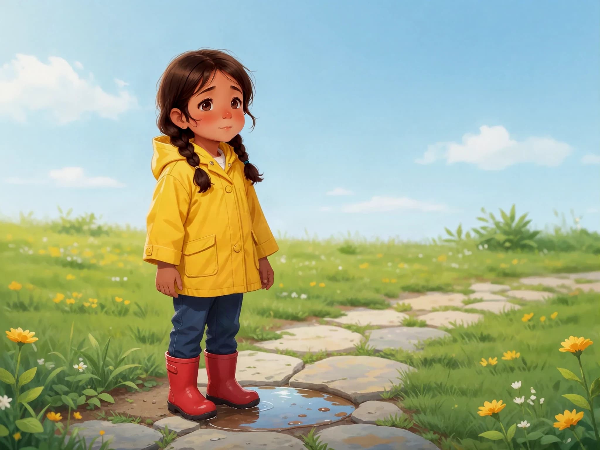 Amira looks from the smaller sun-warmed puddle toward the sky.