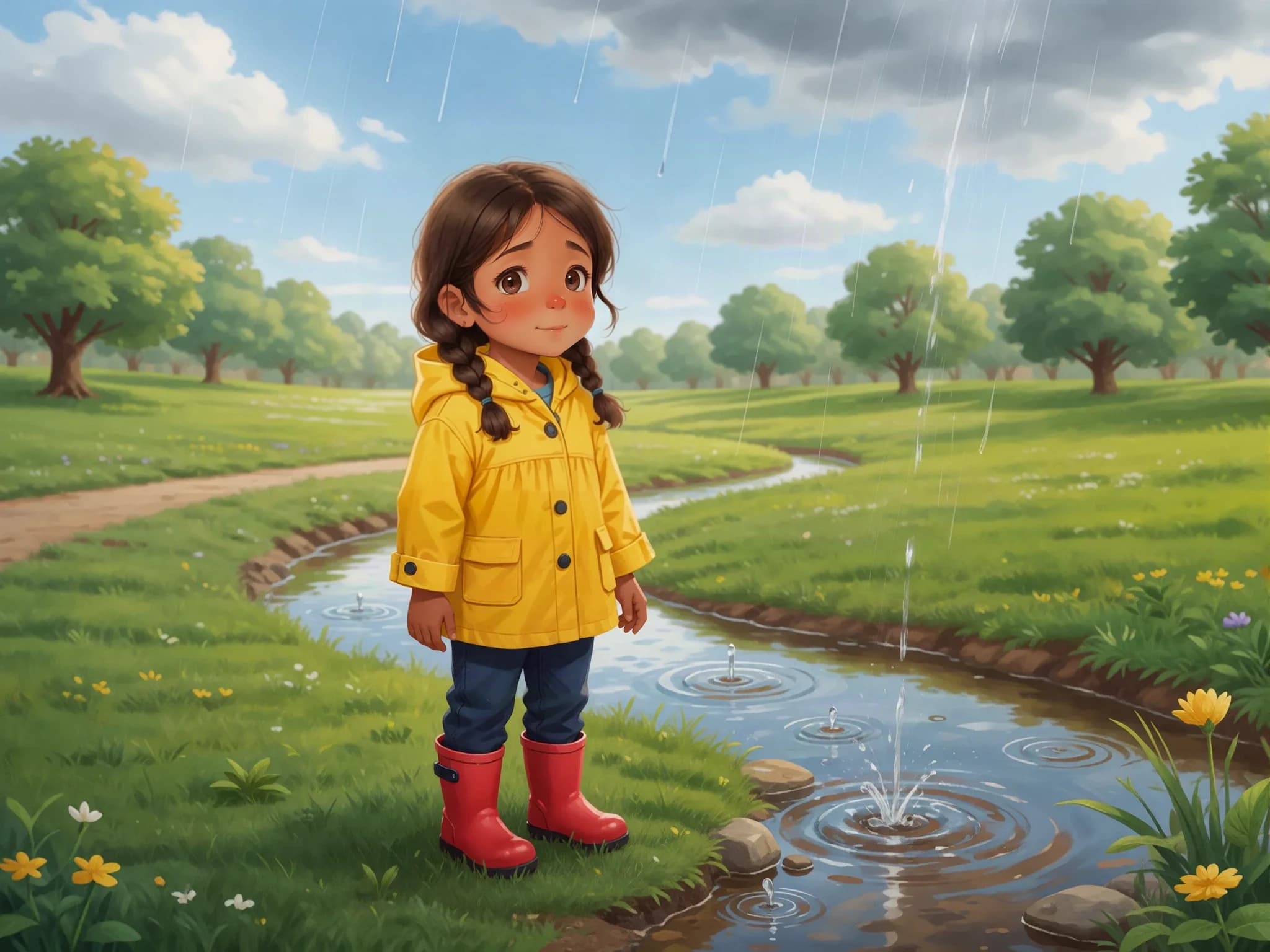 Amira watches rain fall into a flowing park stream.