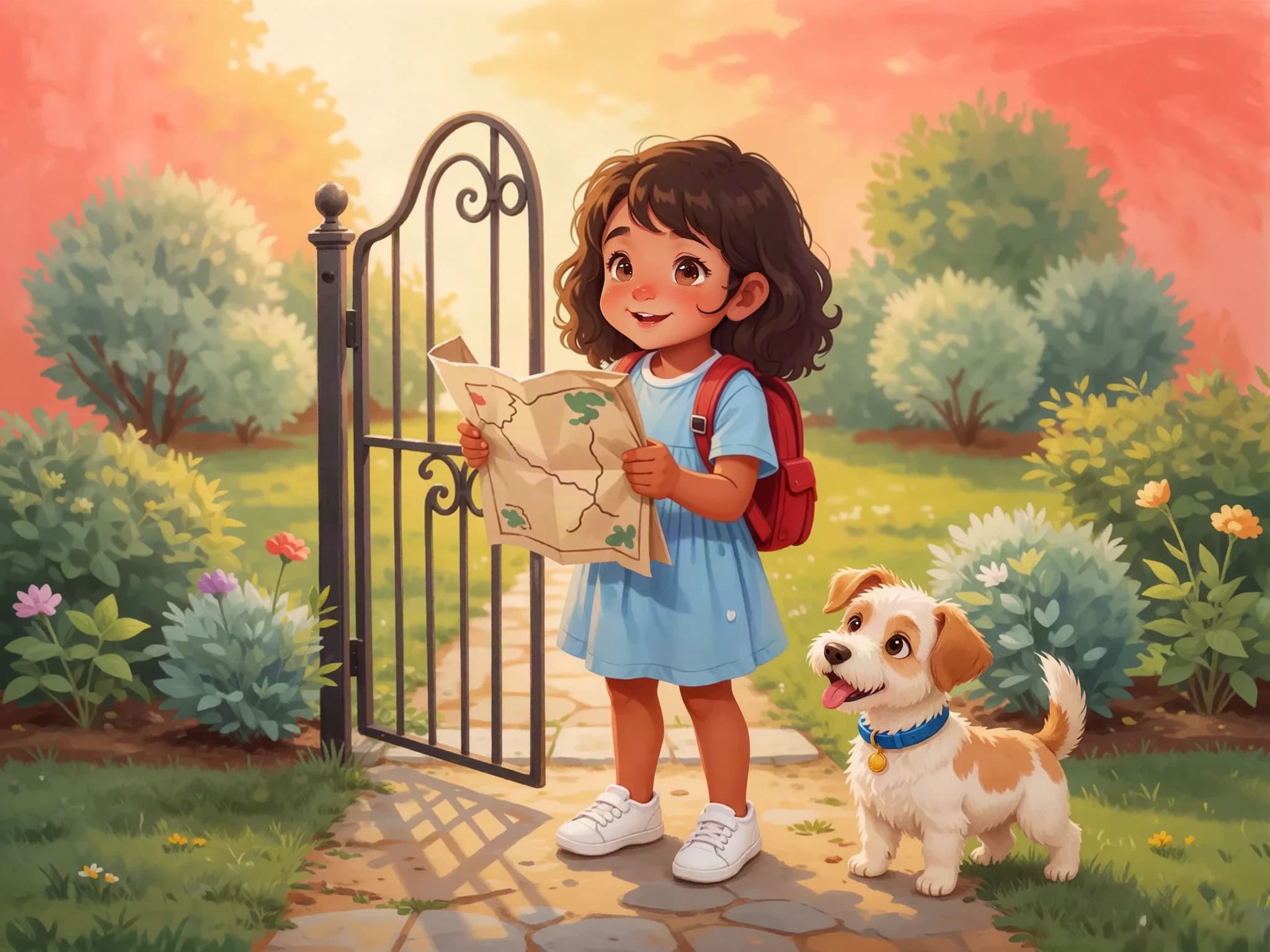 Maya opens a treasure map beside Pip at the garden gate.