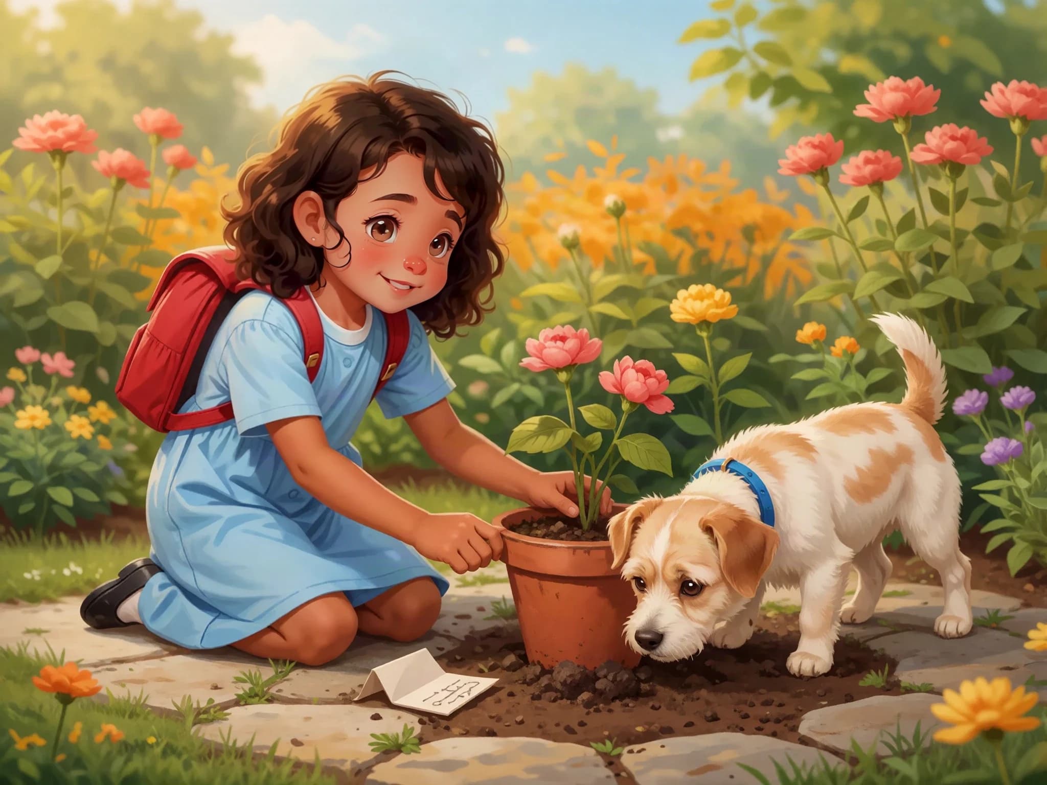 Maya and Pip find a clue beside a flowerpot in the garden.