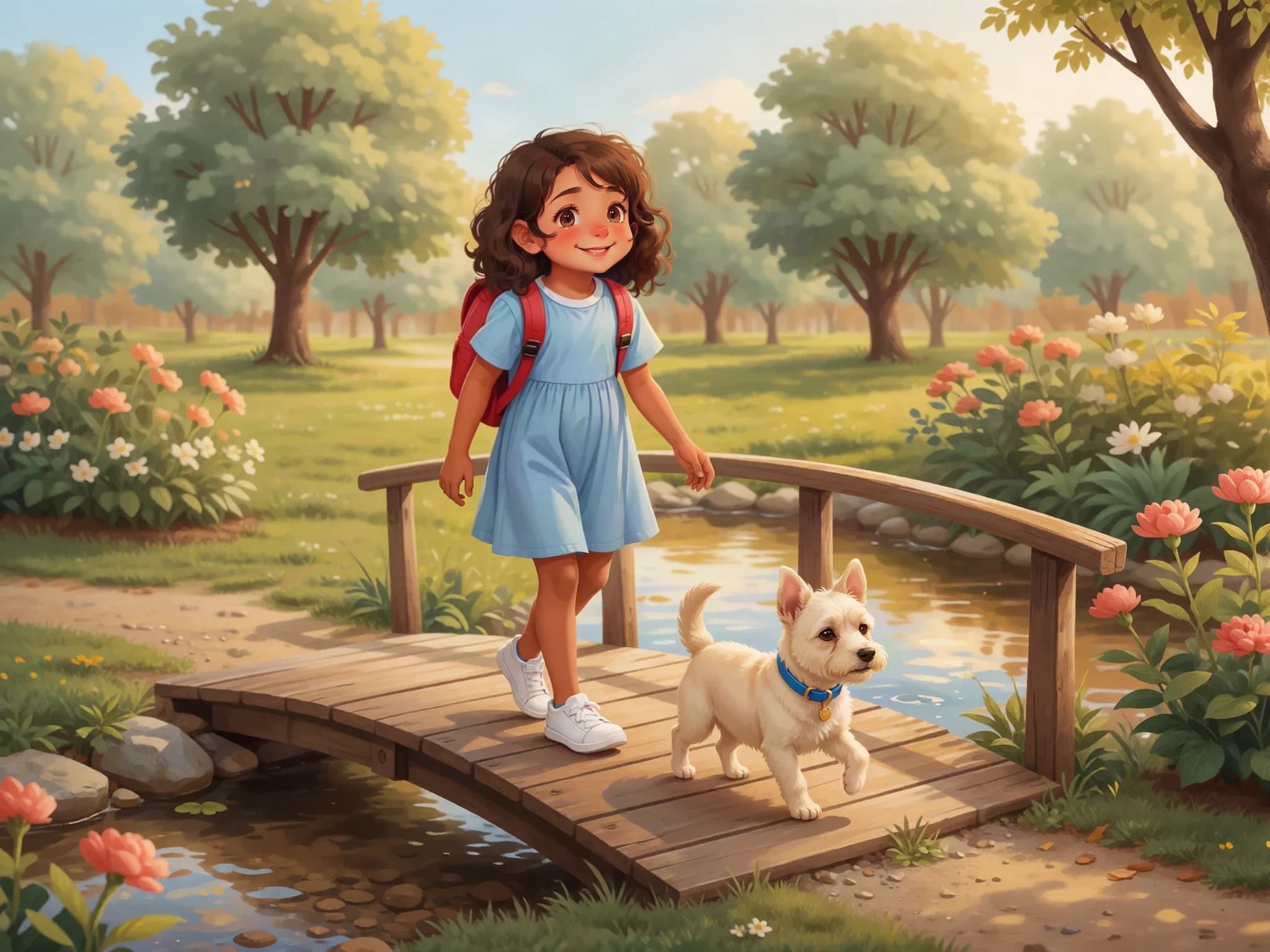 Maya and Pip cross a wooden bridge in the leafy park.