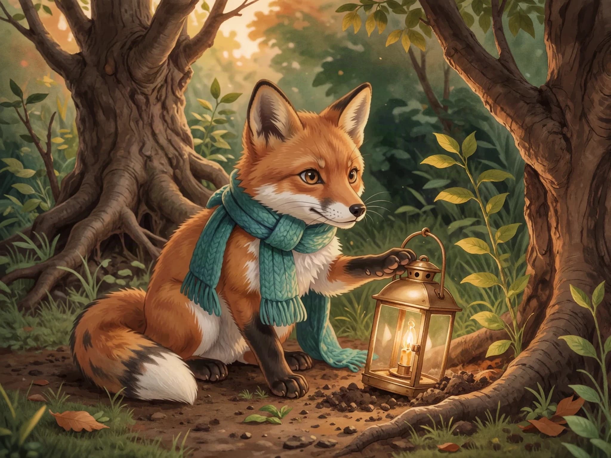 Fern, a red fox with a teal scarf, discovers a brass lantern among willow roots.