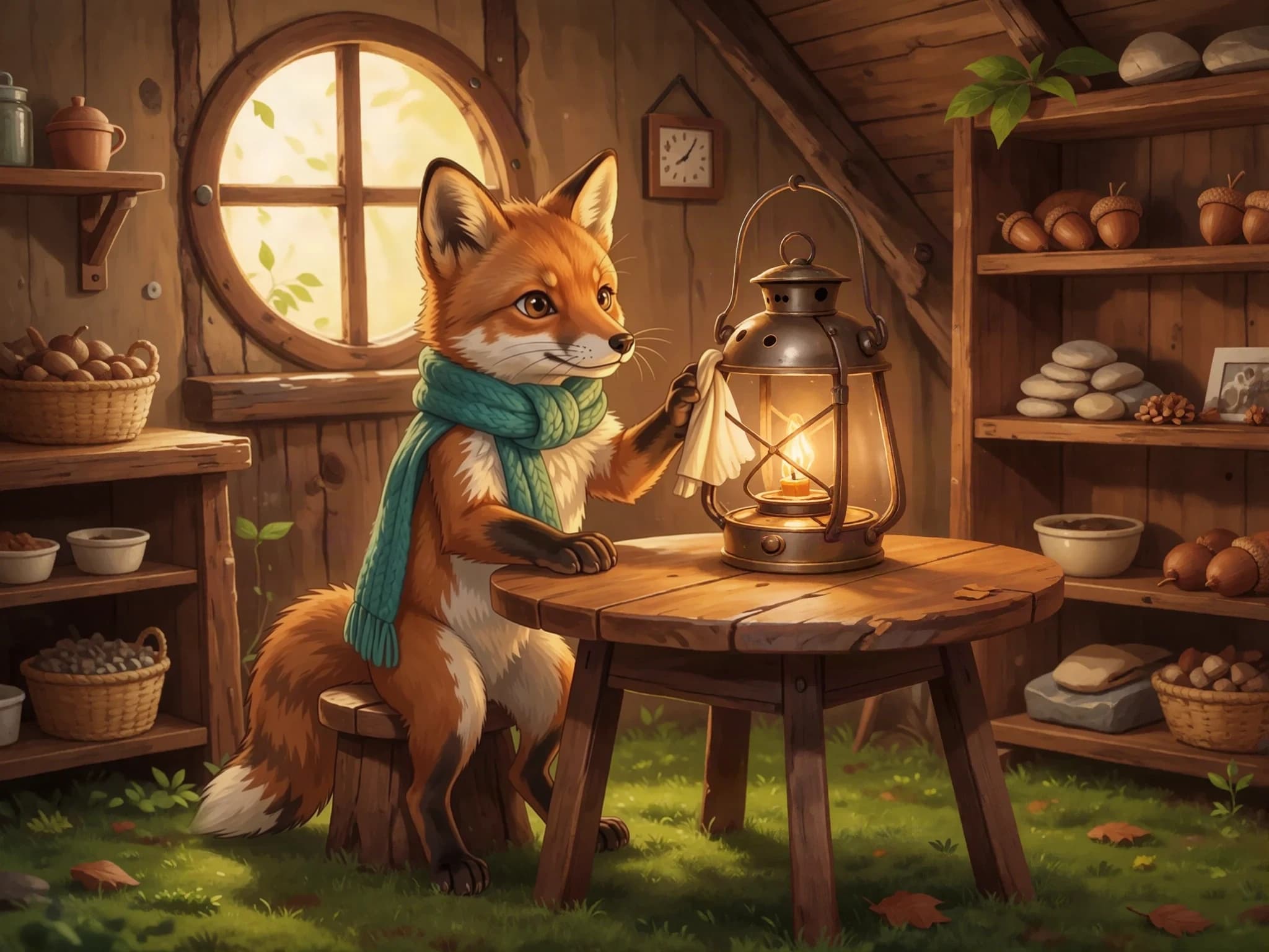 Fern polishes the same brass lantern at a wooden table in his cottage.