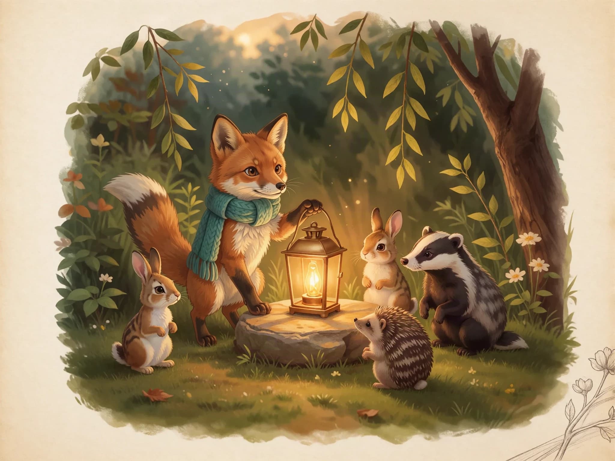 Fern and woodland friends gather around the glowing lantern at dusk.