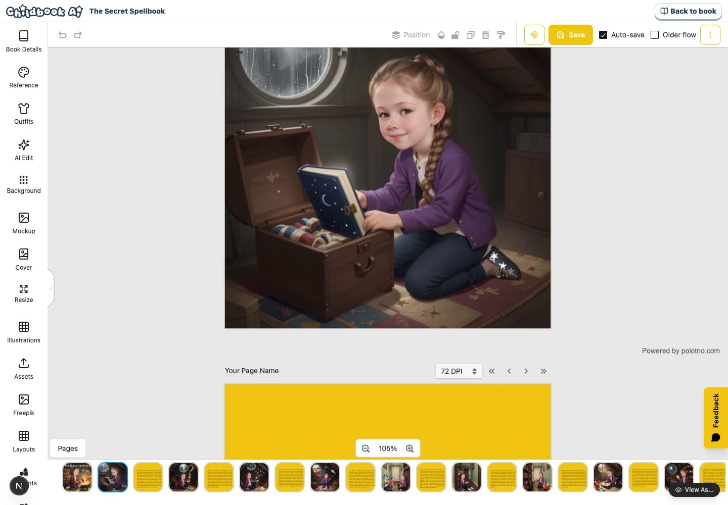Childbook editor showing editable story text alongside an illustrated page