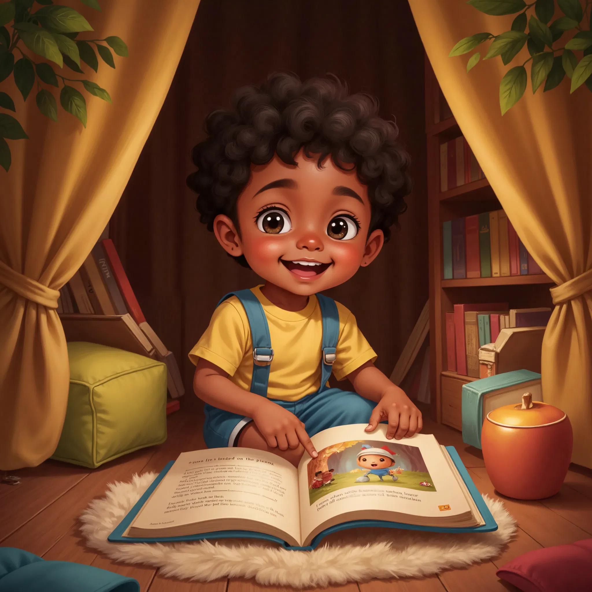 A child happily pointing at their illustrated character in a book.
