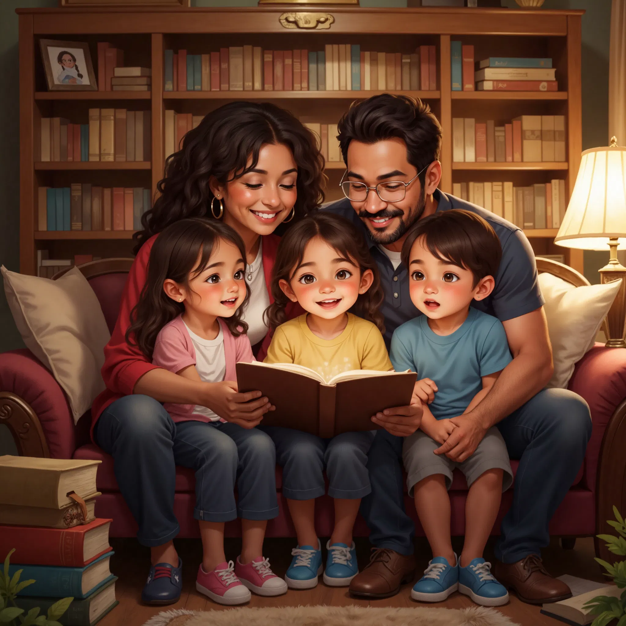 A happy family reading an AI-generated story together.