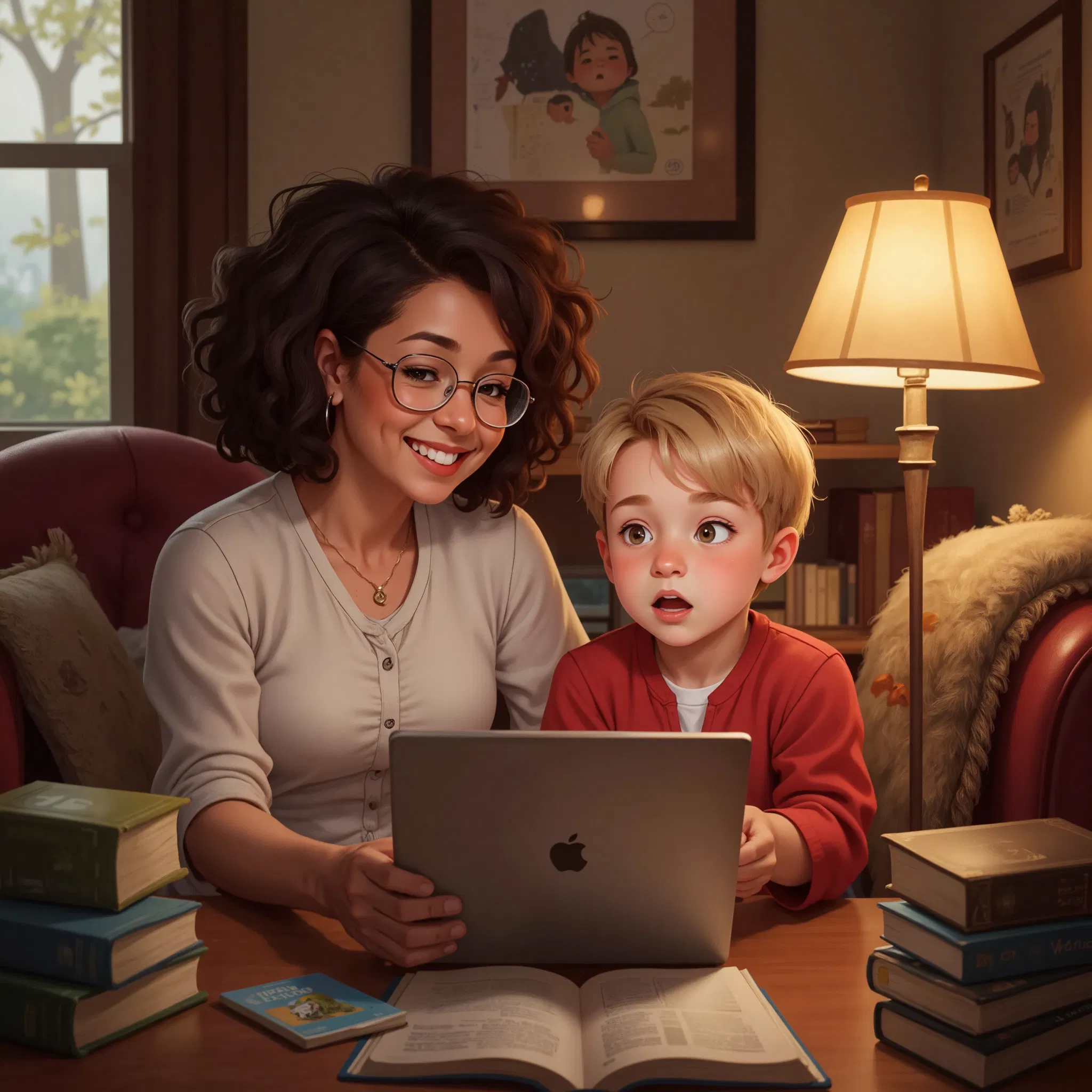 A parent and child creating a story together using AI.