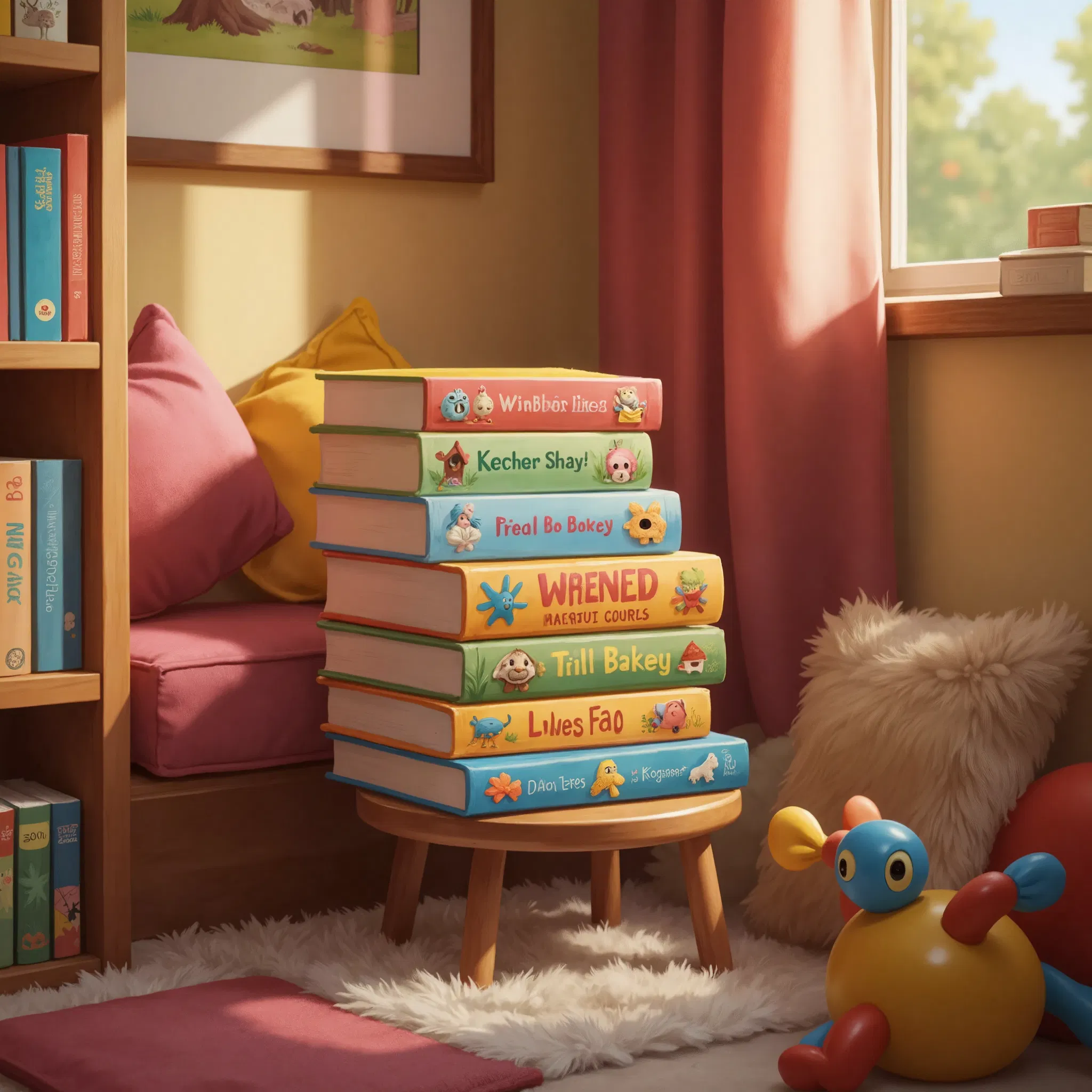 A stack of AI-generated children’s books with colorful covers.