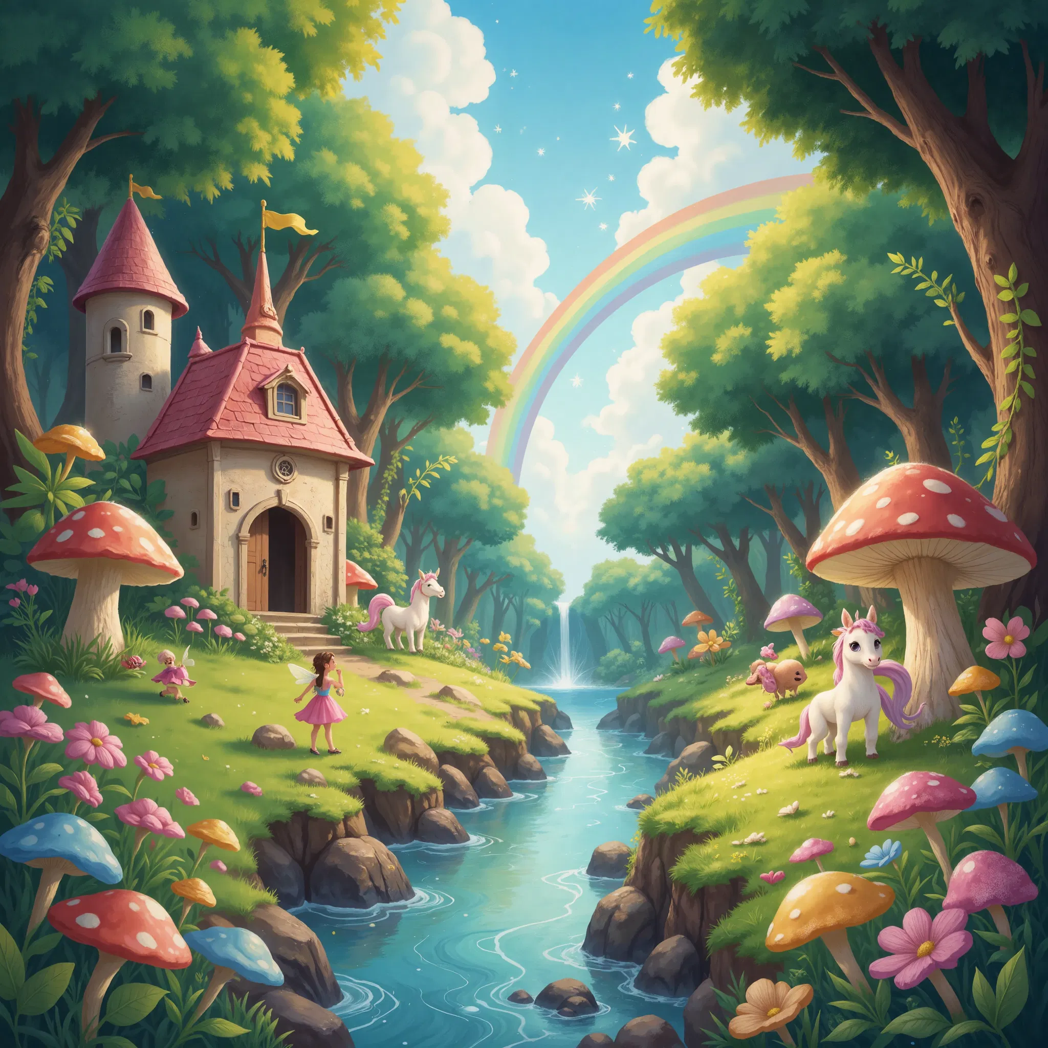 A vibrant AI-generated illustration of a fairytale setting.